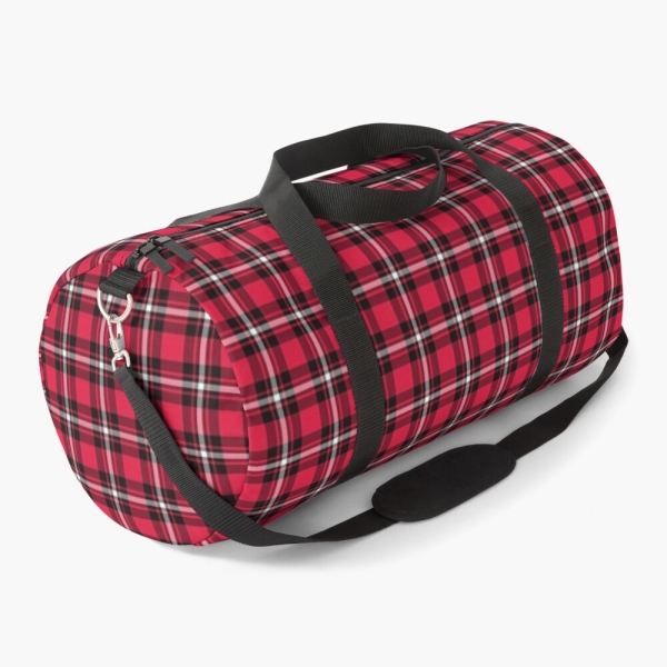 Cherry red, black, and white sporty plaid duffle bag