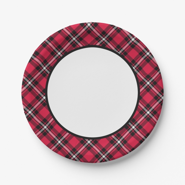 Cherry red, black, and white sporty plaid paper plate