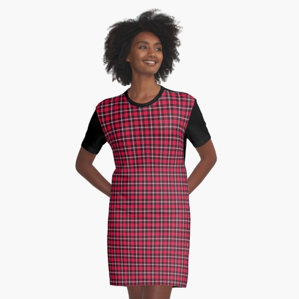 Cherry red, black, and white sporty plaid tee shirt dress