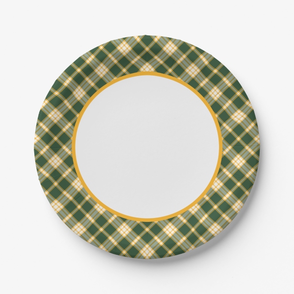 Dark green and yellow gold sporty plaid paper plate
