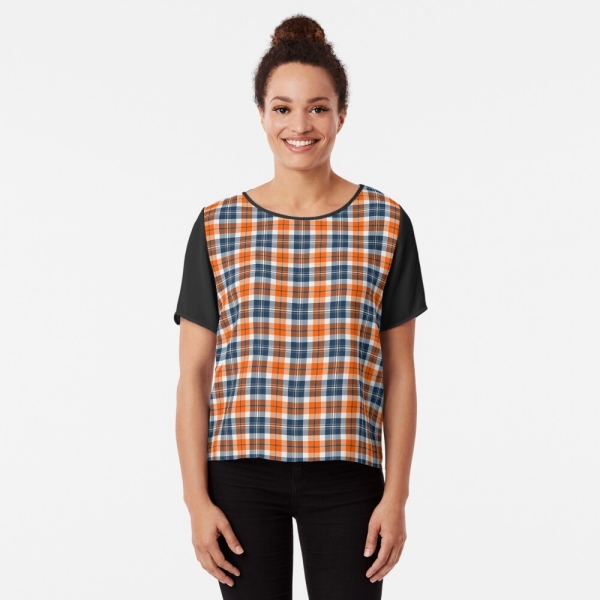 Orange and blue sporty plaid chiffon top