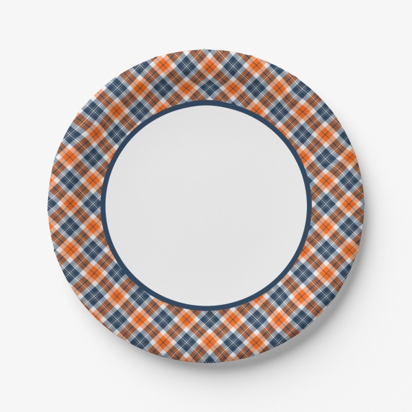 Orange and blue sporty plaid paper plate