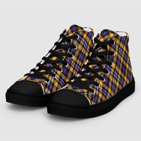 Purple and yellow gold sporty plaid men's black hightop shoes