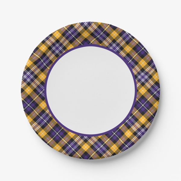 Purple and yellow gold sporty plaid paper plate