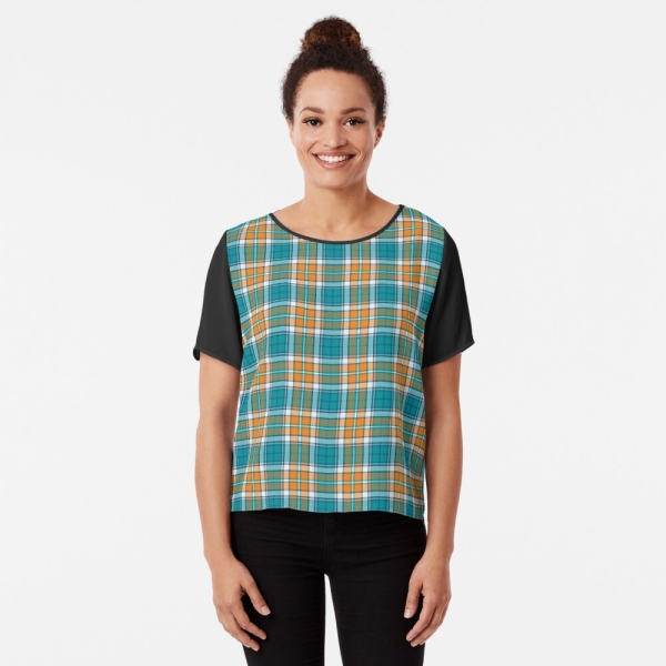 Turquoise and orange sporty plaid chiffon top