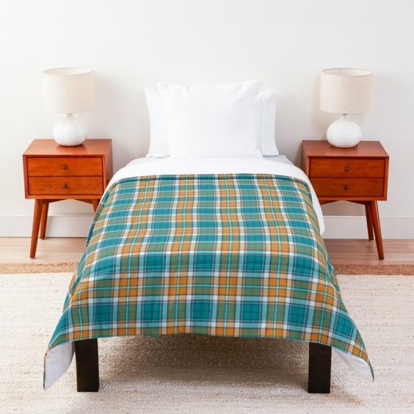 Turquoise and orange sporty plaid comforter