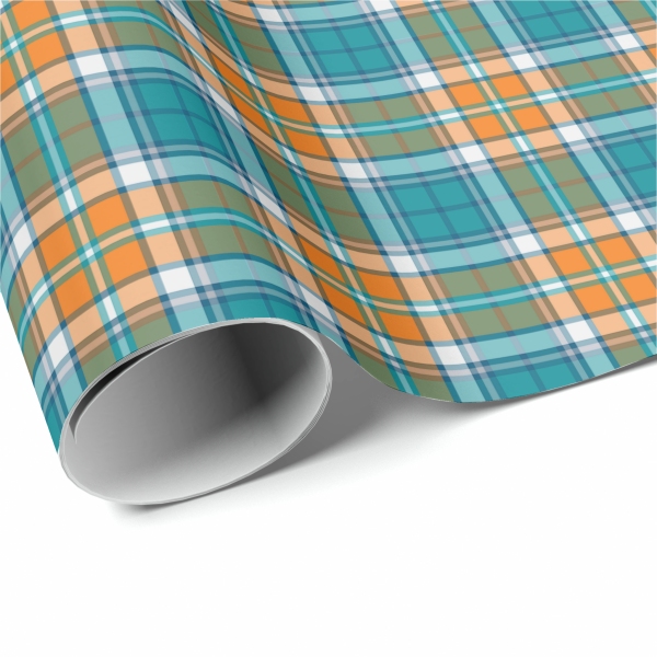 Turquoise and orange sporty plaid wrapping paper