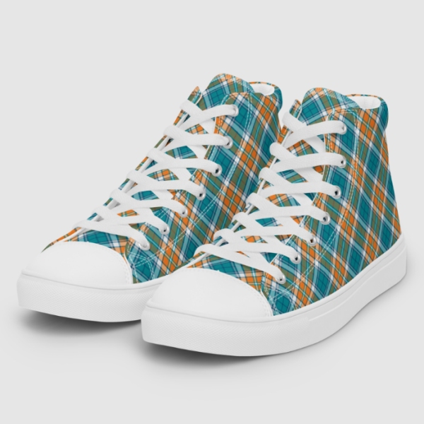Turquoise and orange sporty plaid men's white hightop shoes