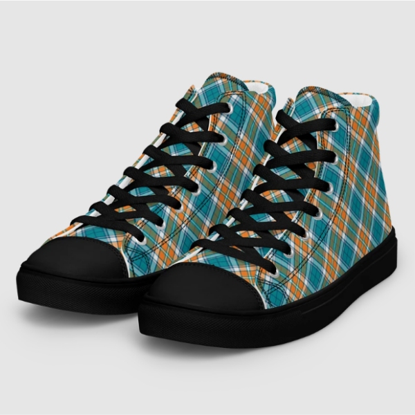 Turquoise and orange sporty plaid men's black hightop shoes