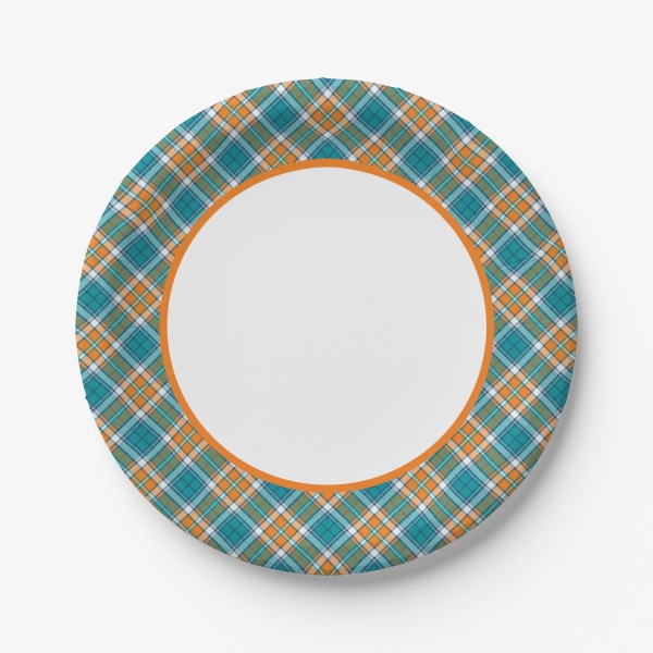 Turquoise and orange sporty plaid paper plate