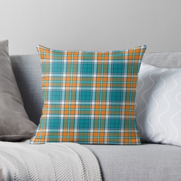 Turquoise and orange sporty plaid throw pillow