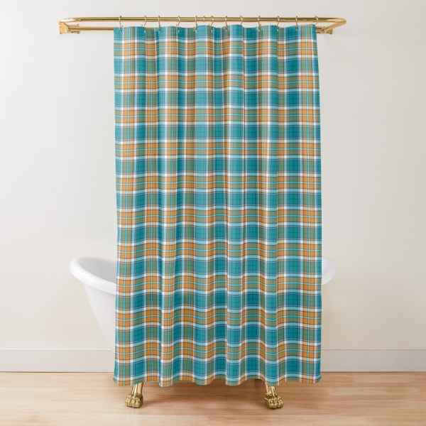 Turquoise and orange sporty plaid shower curtain