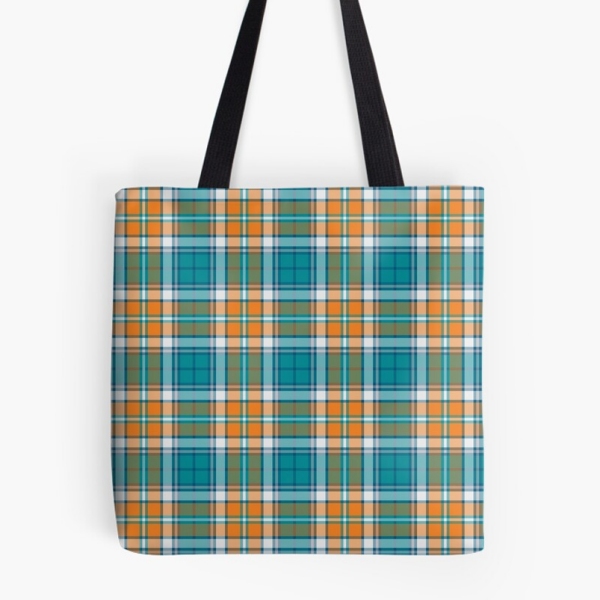 Turquoise and orange sporty plaid tote bag