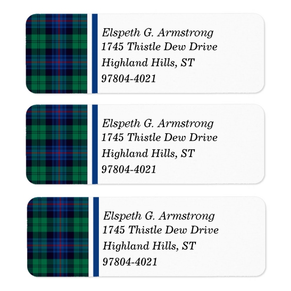 Return address labels with Armstrong tartan border