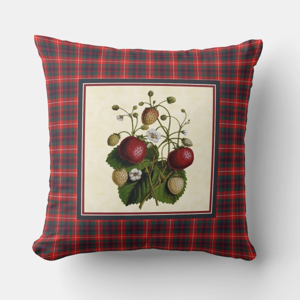 Clan Fraser of Lovat tartan throw pillow with vintage strawberry from Plaidwerx.com